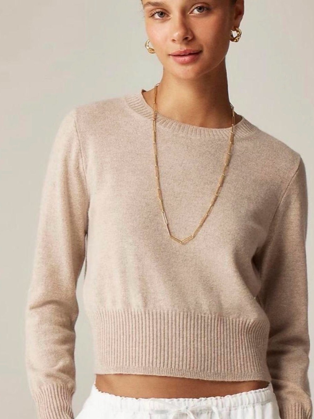 J.CREW 100% Cashmere Knit Cropped Crewneck Sweater Taupe M Minimalist Chic Cozy